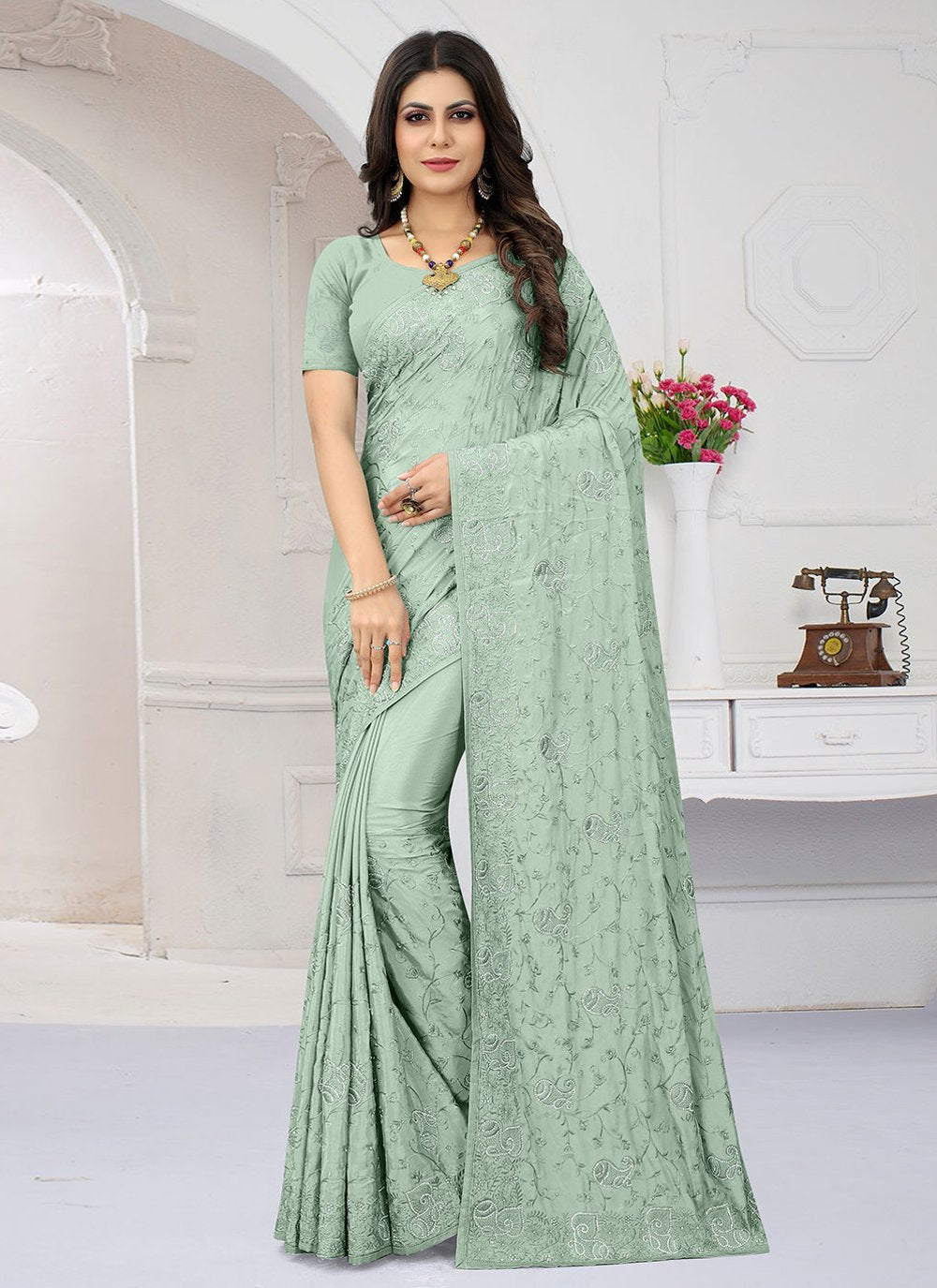 Contemporary Crepe Silk Green Embroidered Saree