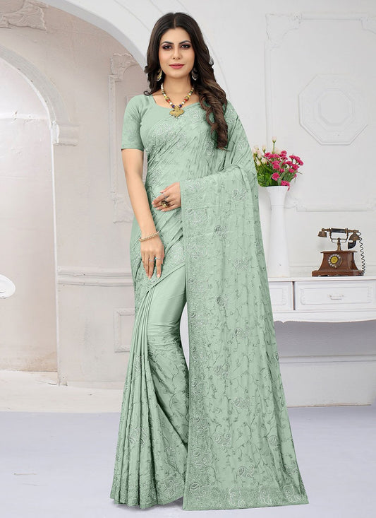 Contemporary Crepe Silk Green Embroidered Saree