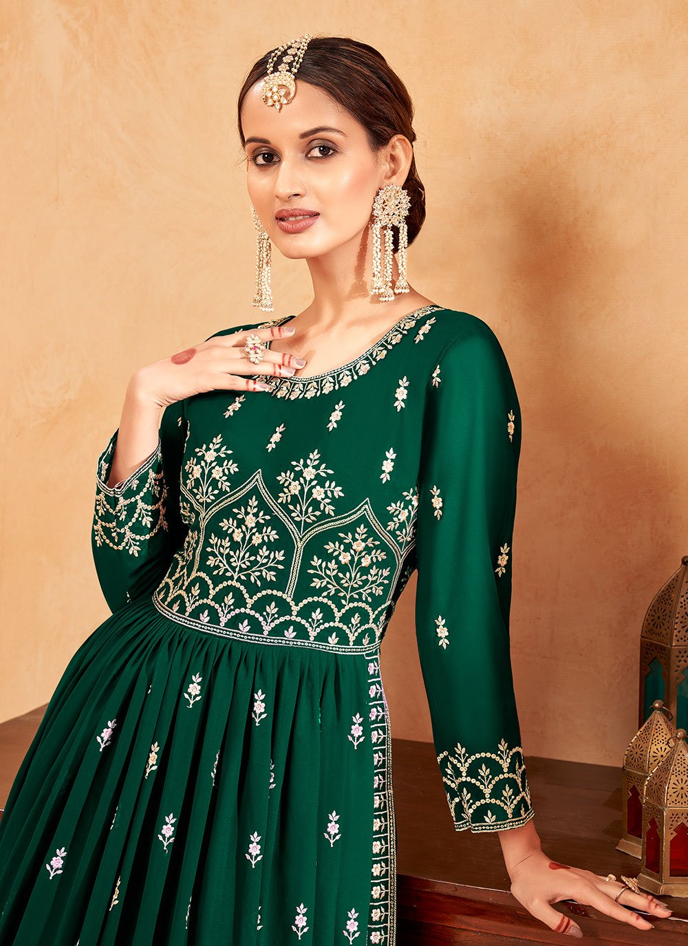 Salwar Suit Faux Georgette Green Embroidered Salwar Kameez