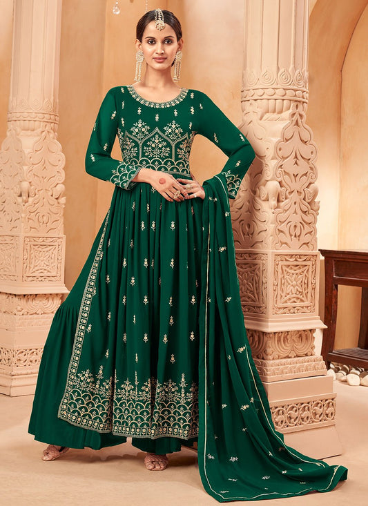 Salwar Suit Faux Georgette Green Embroidered Salwar Kameez