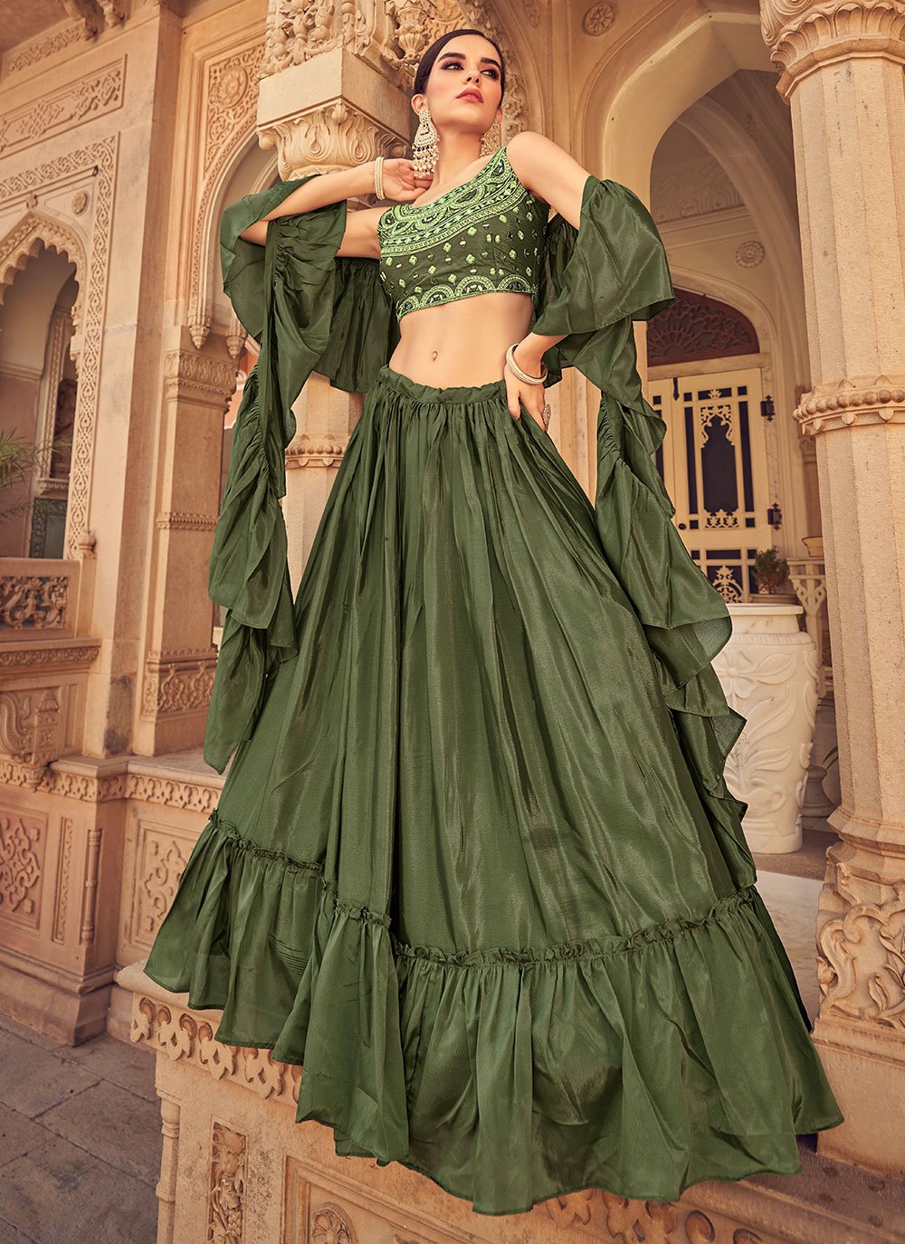 Lehenga Choli Chinon Green Plain Lehenga Choli