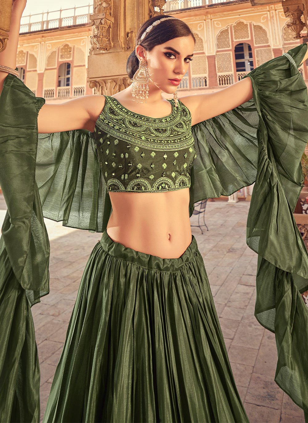 Lehenga Choli Chinon Green Plain Lehenga Choli