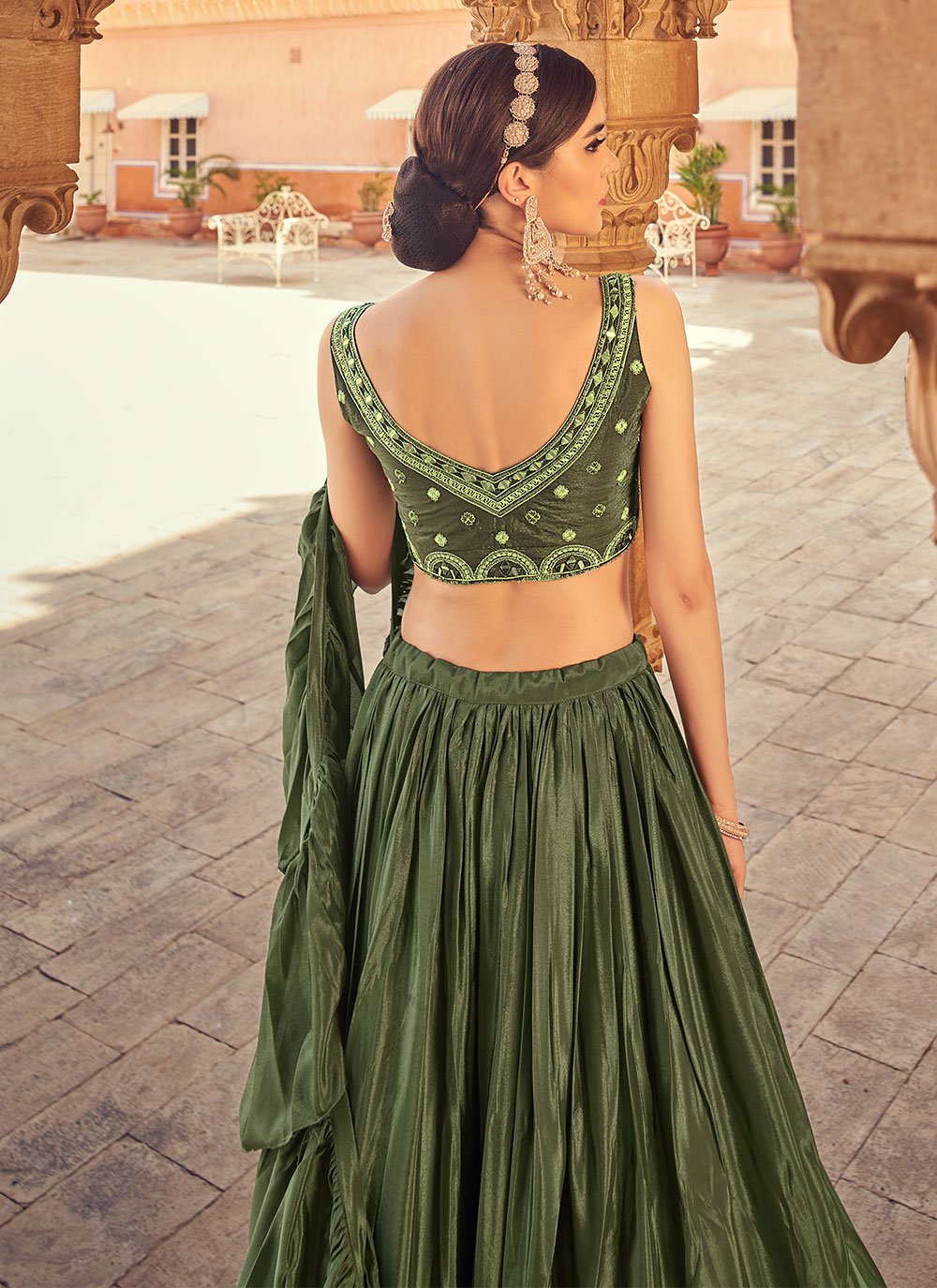 Lehenga Choli Chinon Green Plain Lehenga Choli