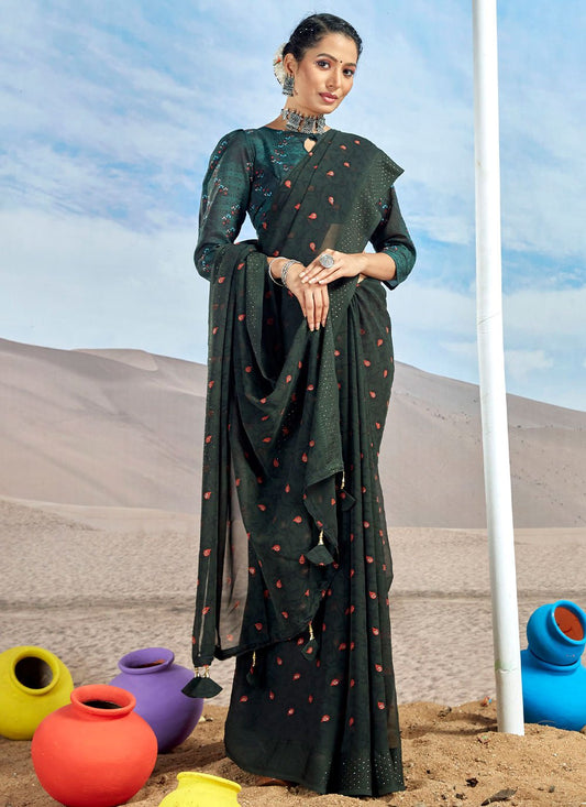 Contemporary Foil Georgette Green Patch Border Saree