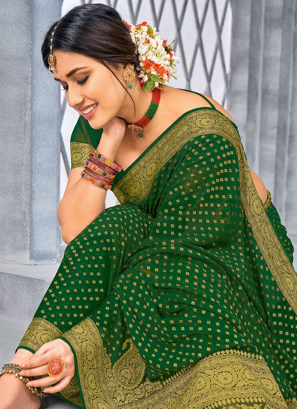 Contemporary Chiffon Viscose Green Weaving Saree