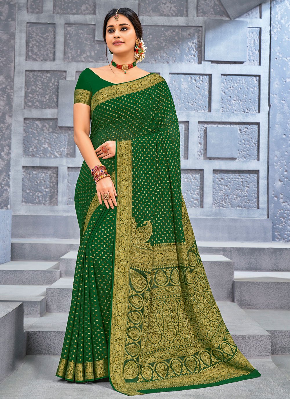 Contemporary Chiffon Viscose Green Weaving Saree