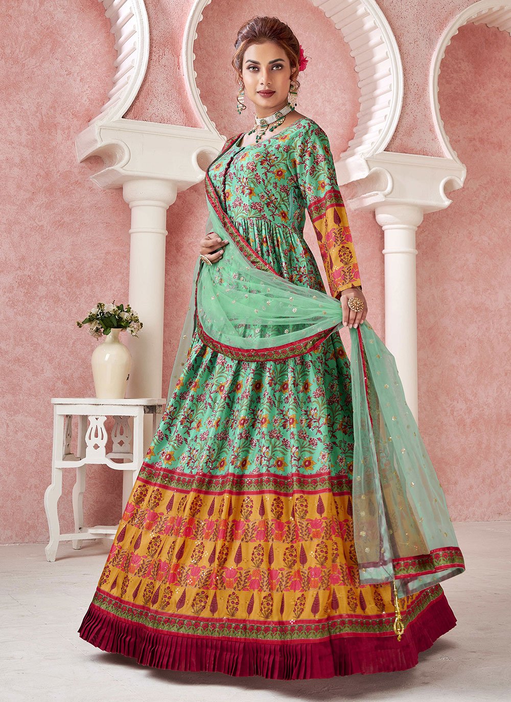 Designer Gown Silk Green Digital Print Gown