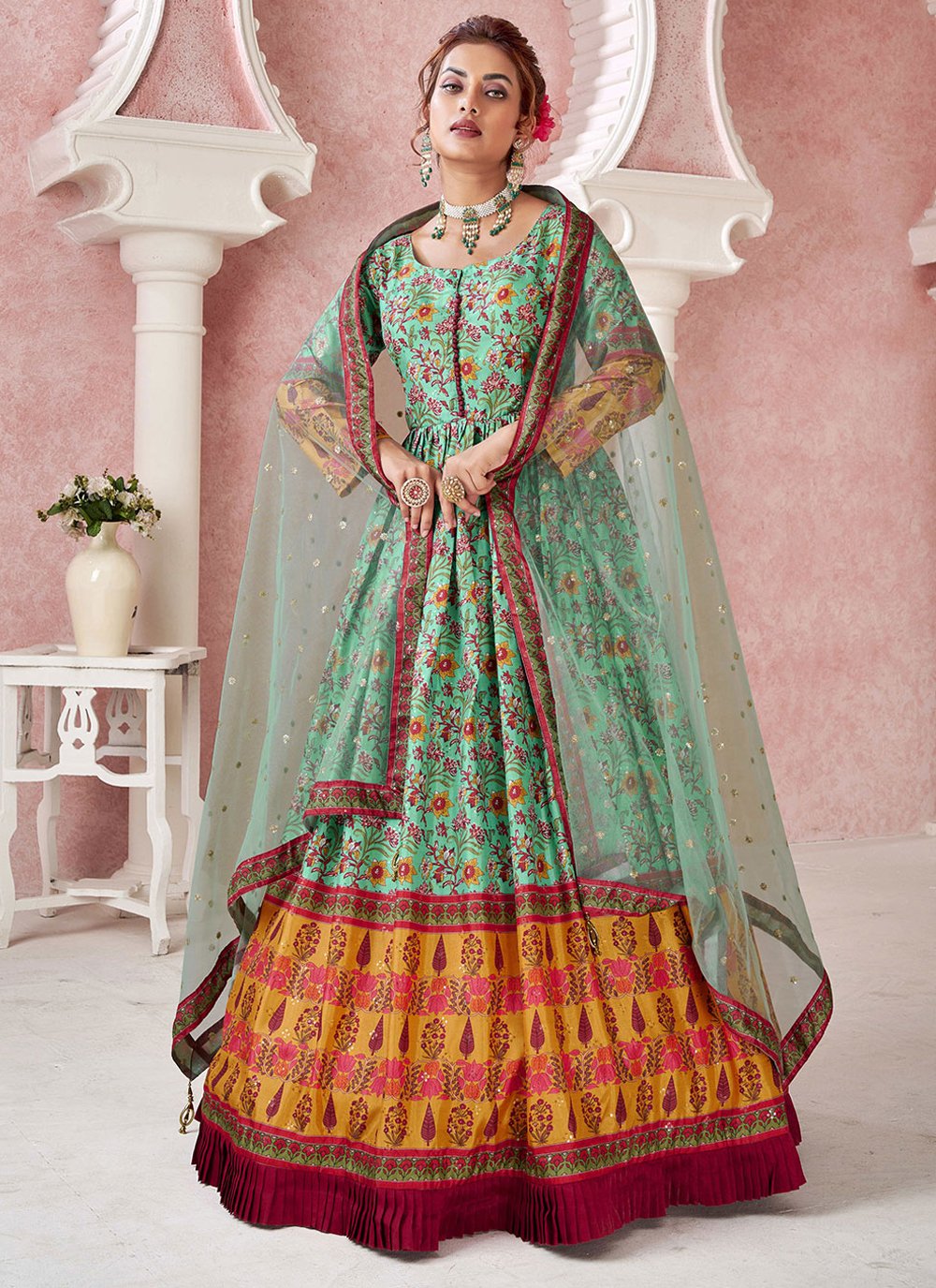 Designer Gown Silk Green Digital Print Gown