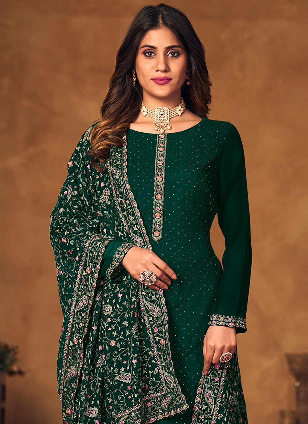 Salwar Suit Georgette Green Crystals Salwar Kameez