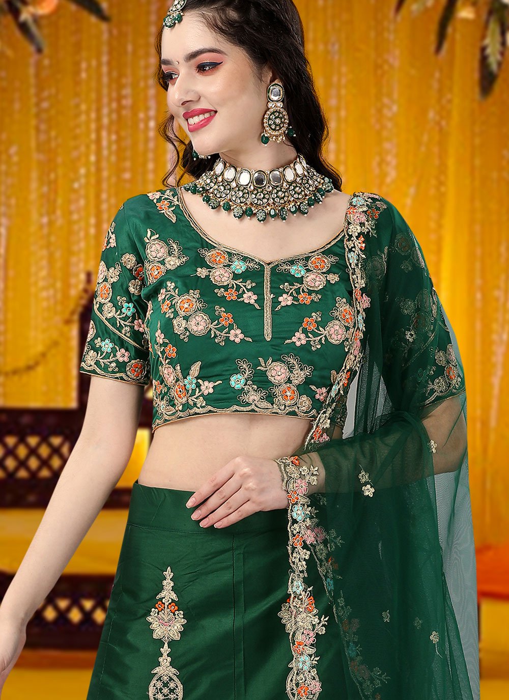 Lehenga Choli Satin Silk Green Embroidered Lehenga Choli