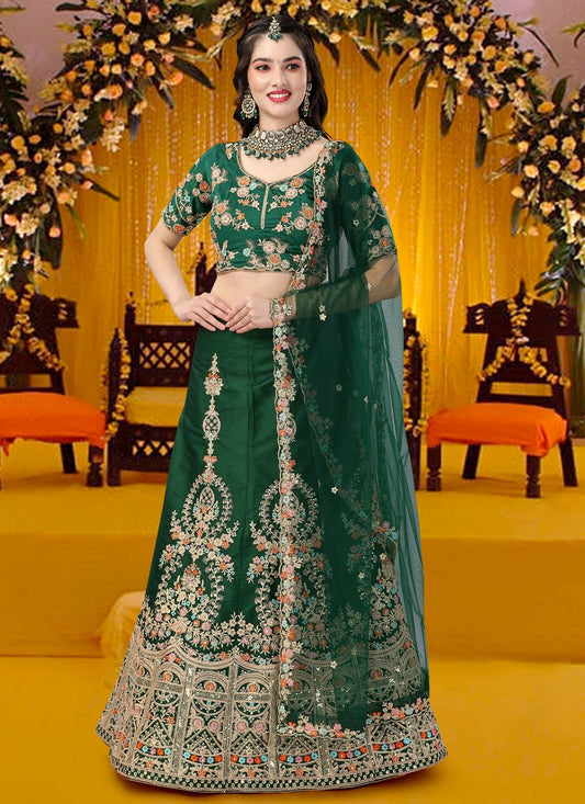 Lehenga Choli Satin Silk Green Embroidered Lehenga Choli