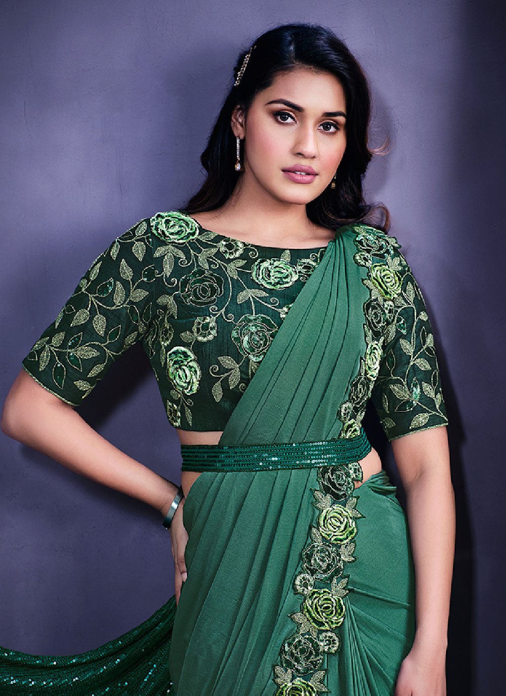 Contemporary Lycra Green Embroidered Saree