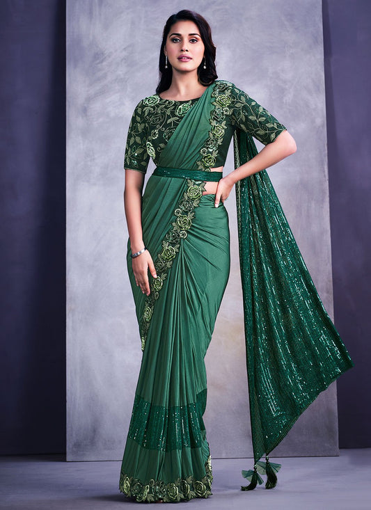 Contemporary Lycra Green Embroidered Saree