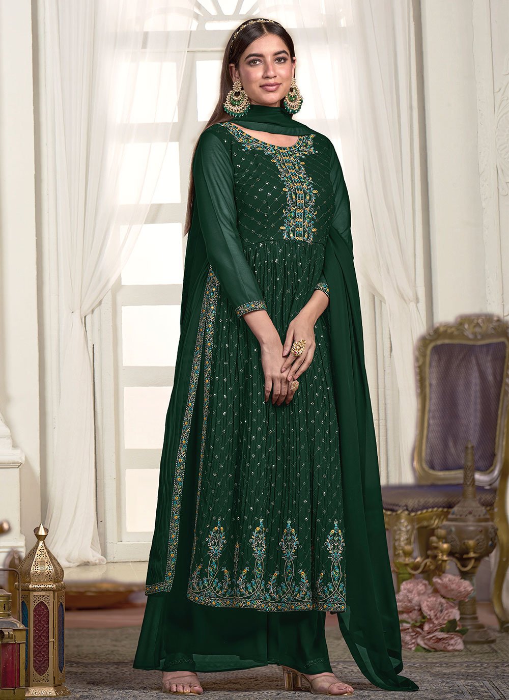 Palazzo Salwar Suit Georgette Green Embroidered Salwar Kameez