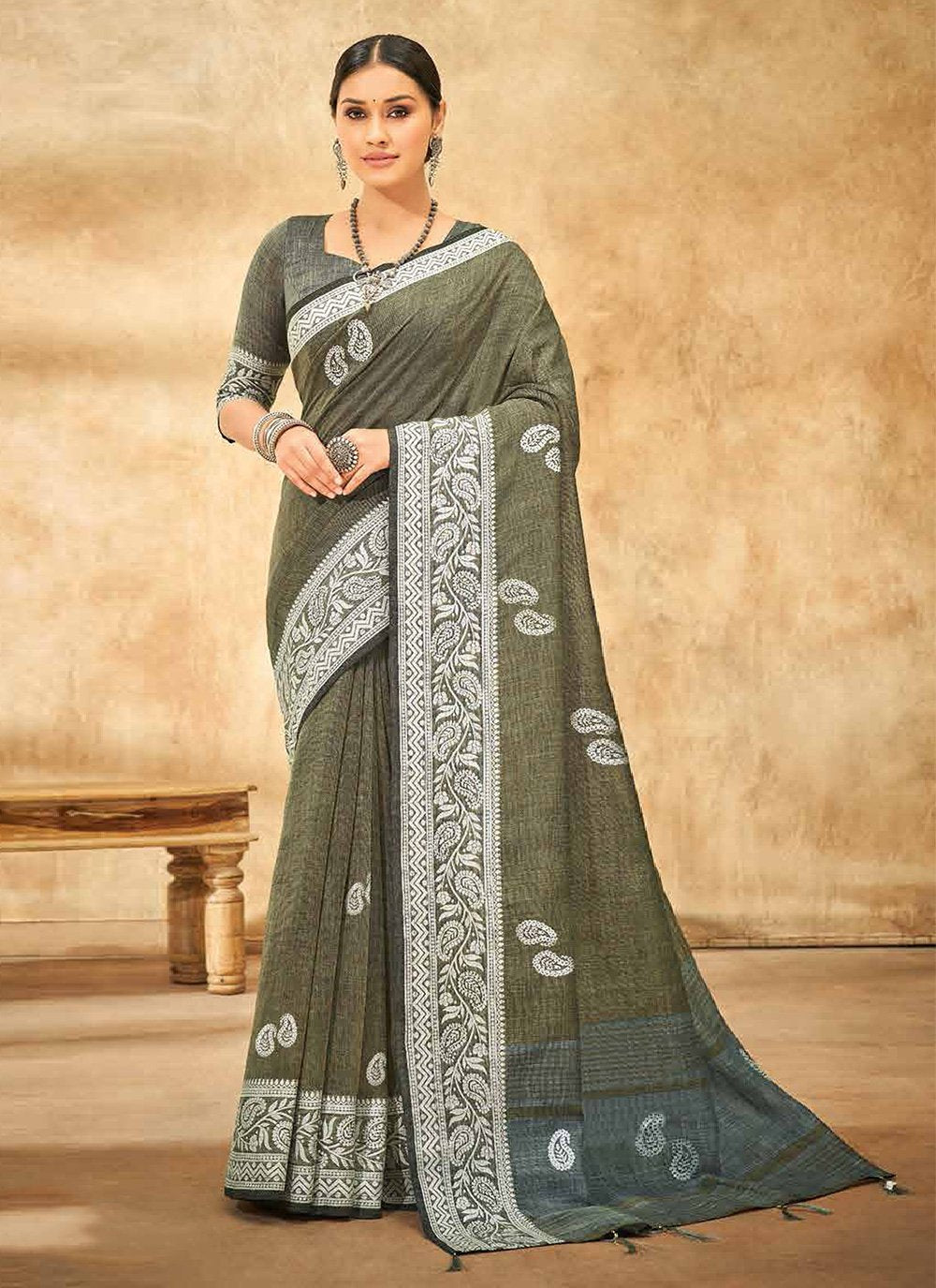 Classic Linen Green Print Saree