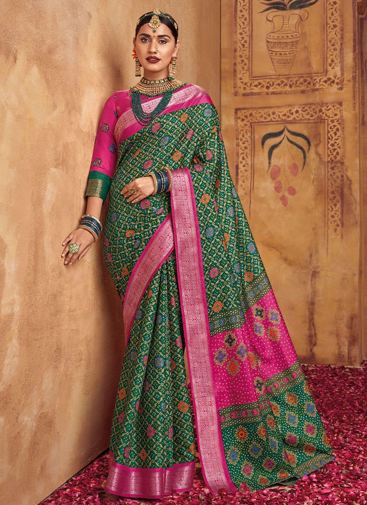 Contemporary Silk Green Foil Print Saree