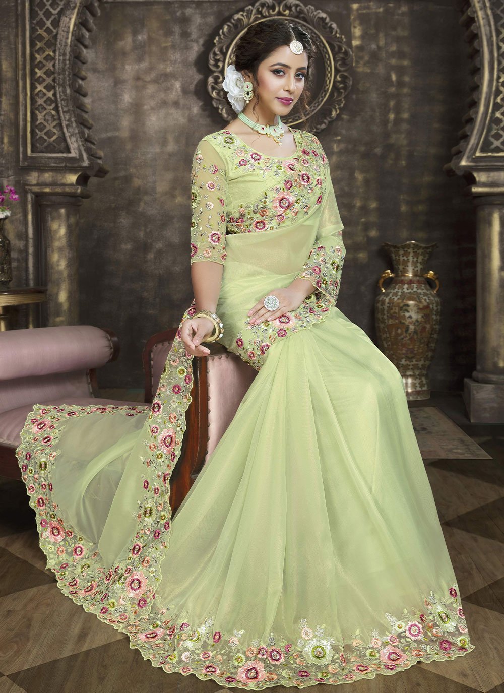 Classic Tissue Green Embroidered Saree