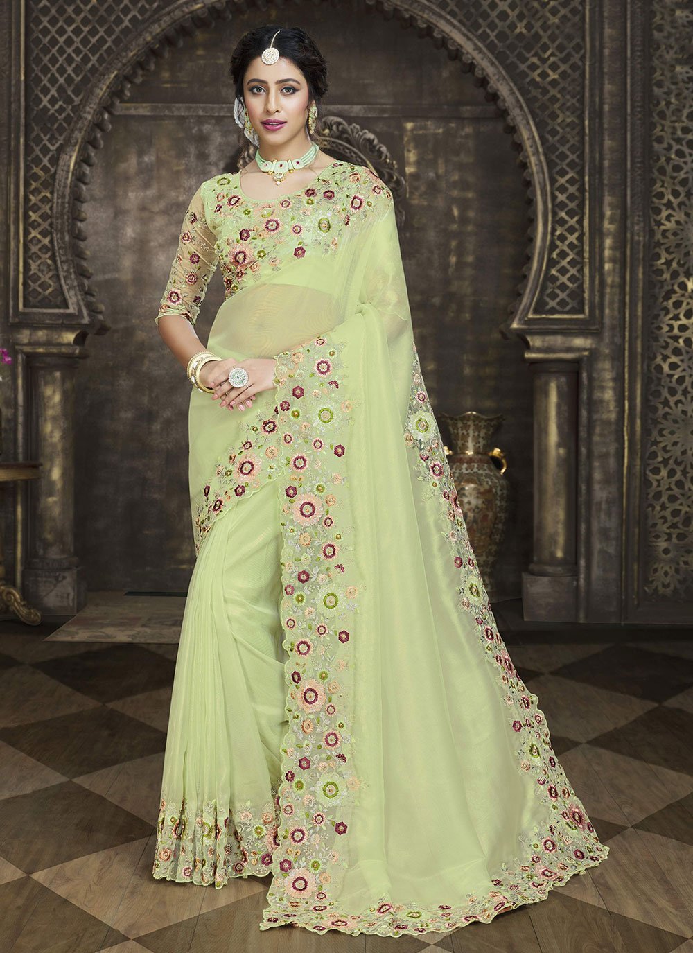 Classic Tissue Green Embroidered Saree