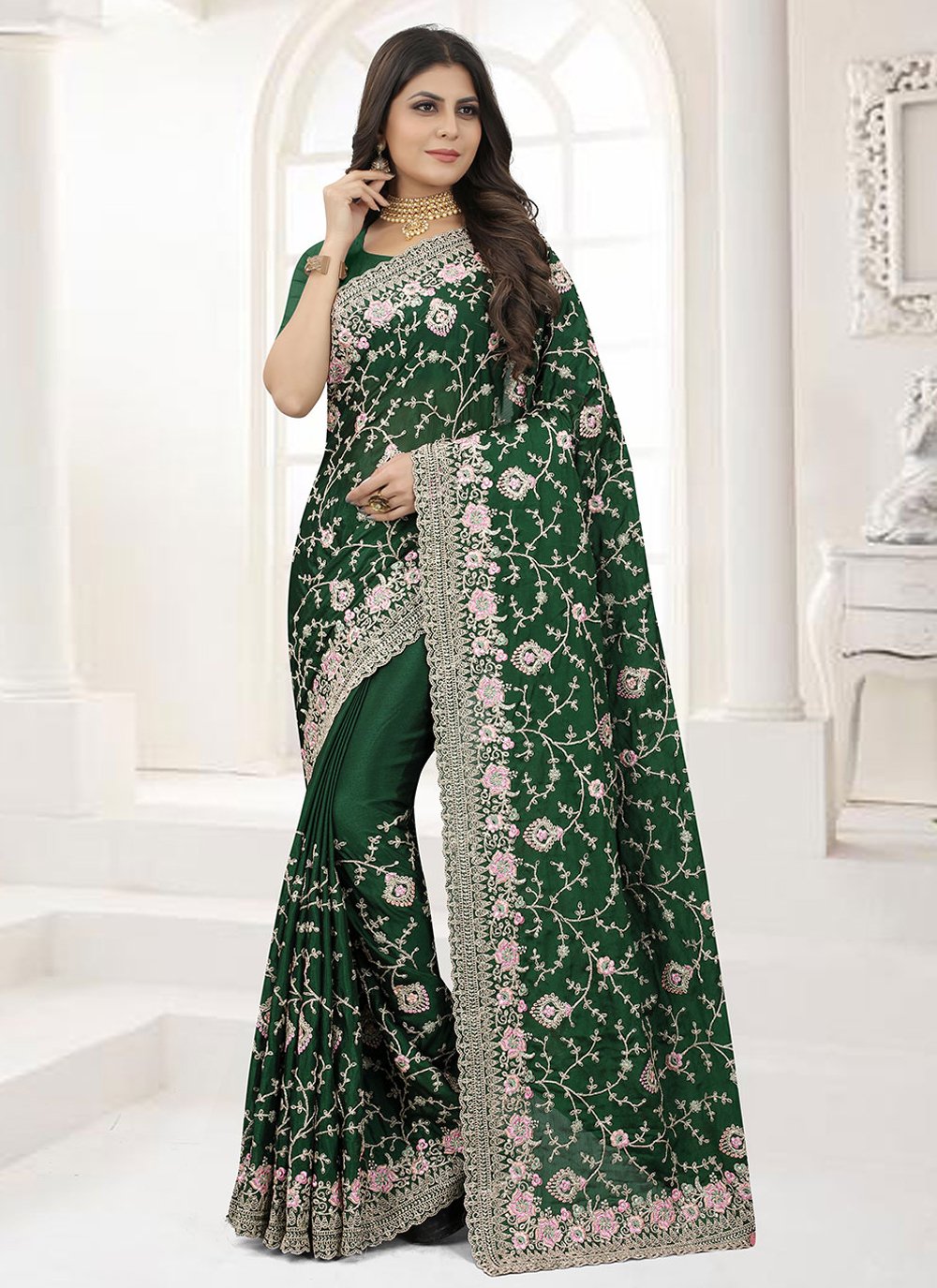 Classic Chinon Green Embroidered Saree