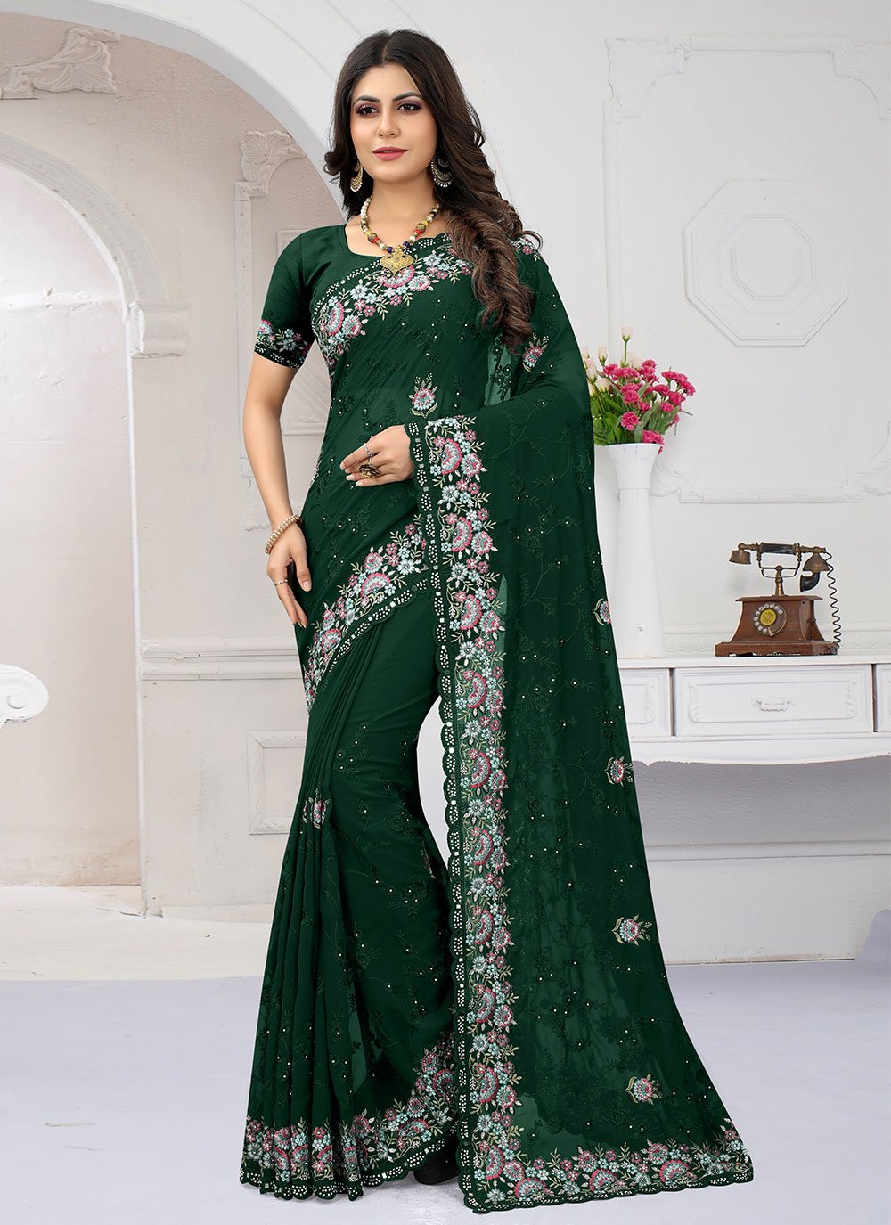 Classic Georgette Green Embroidered Saree