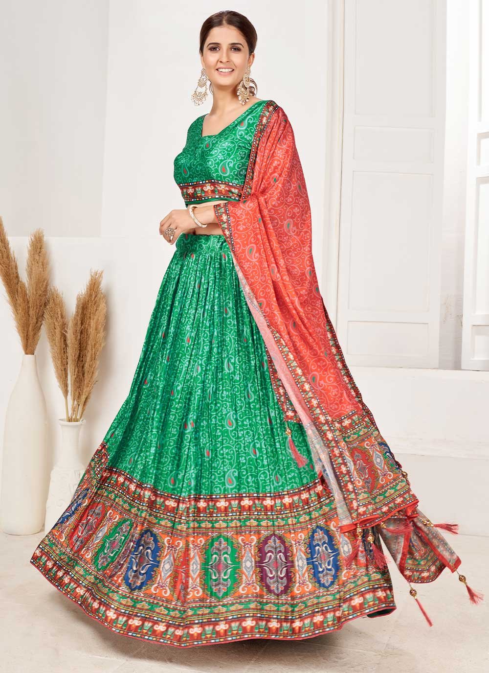 Lehenga Choli Satin Green Digital Print Lehenga Choli