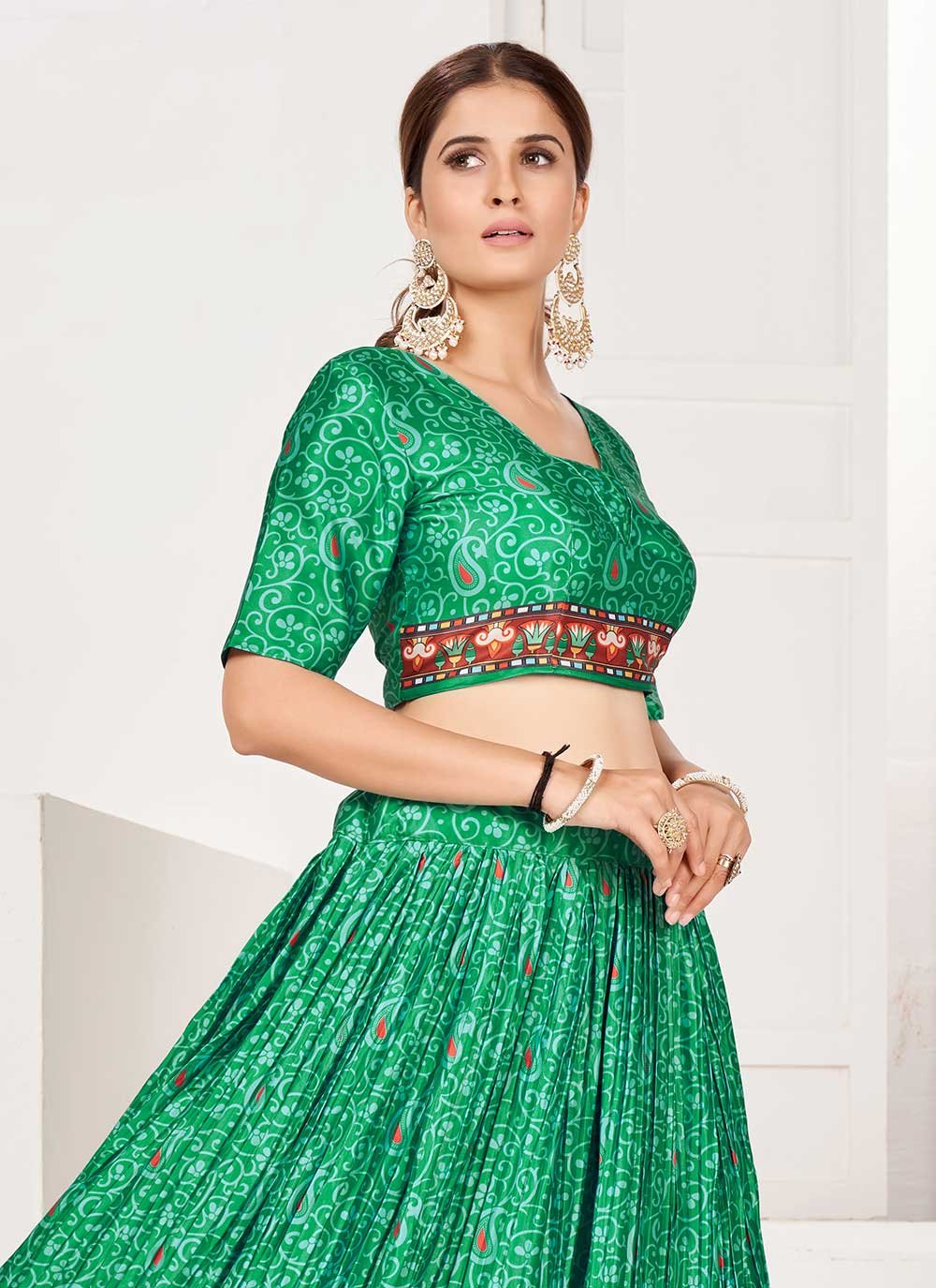 Lehenga Choli Satin Green Digital Print Lehenga Choli