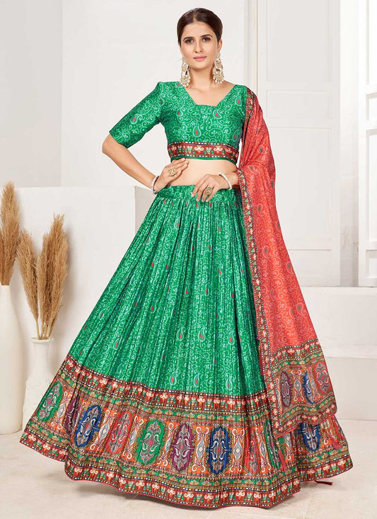 Lehenga Choli Satin Green Digital Print Lehenga Choli