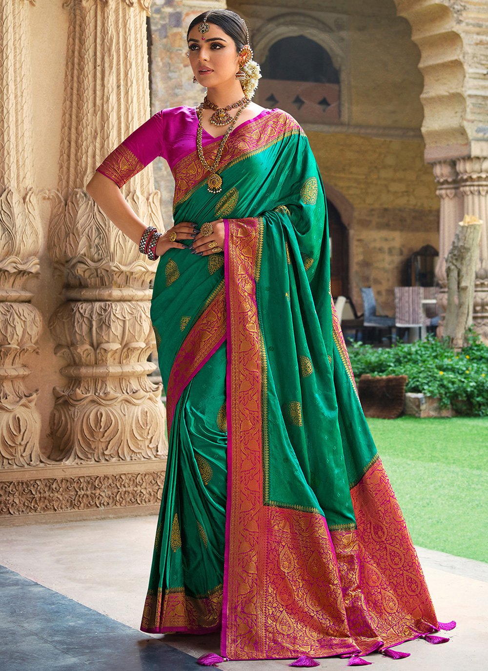 Classic Satin Silk Green Patch Border Saree