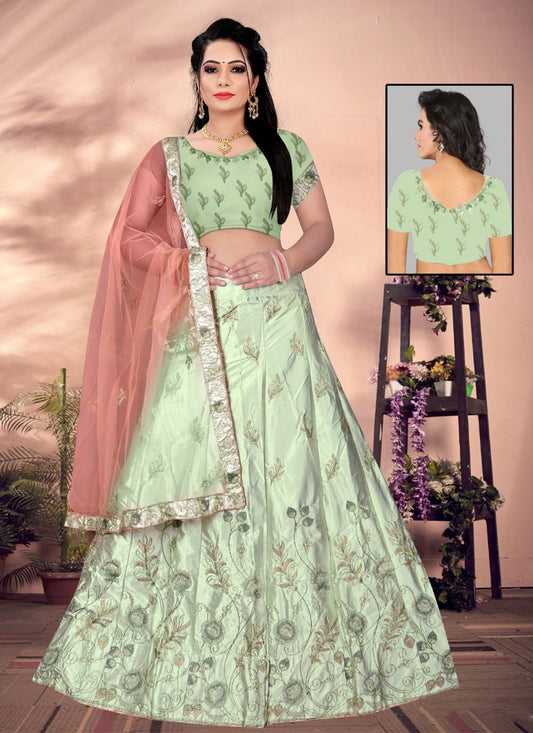 Lehenga Choli Satin Silk Green Embroidered Lehenga Choli