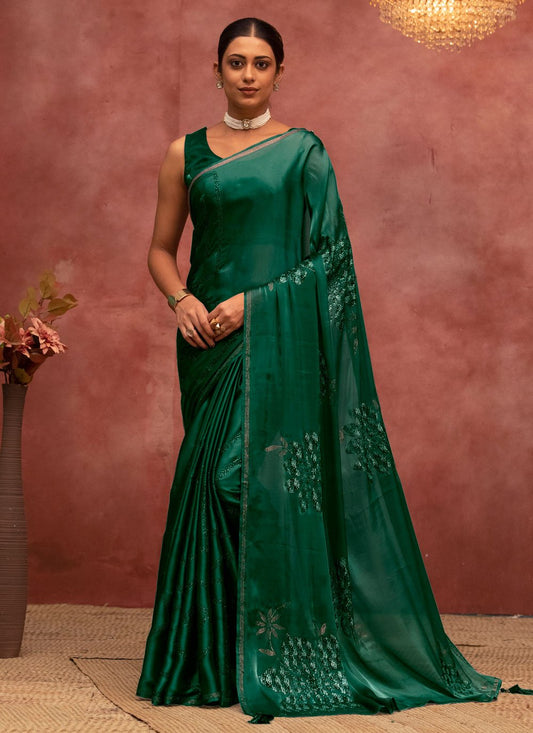 Designer Satin Silk Green Floral Patch Saree