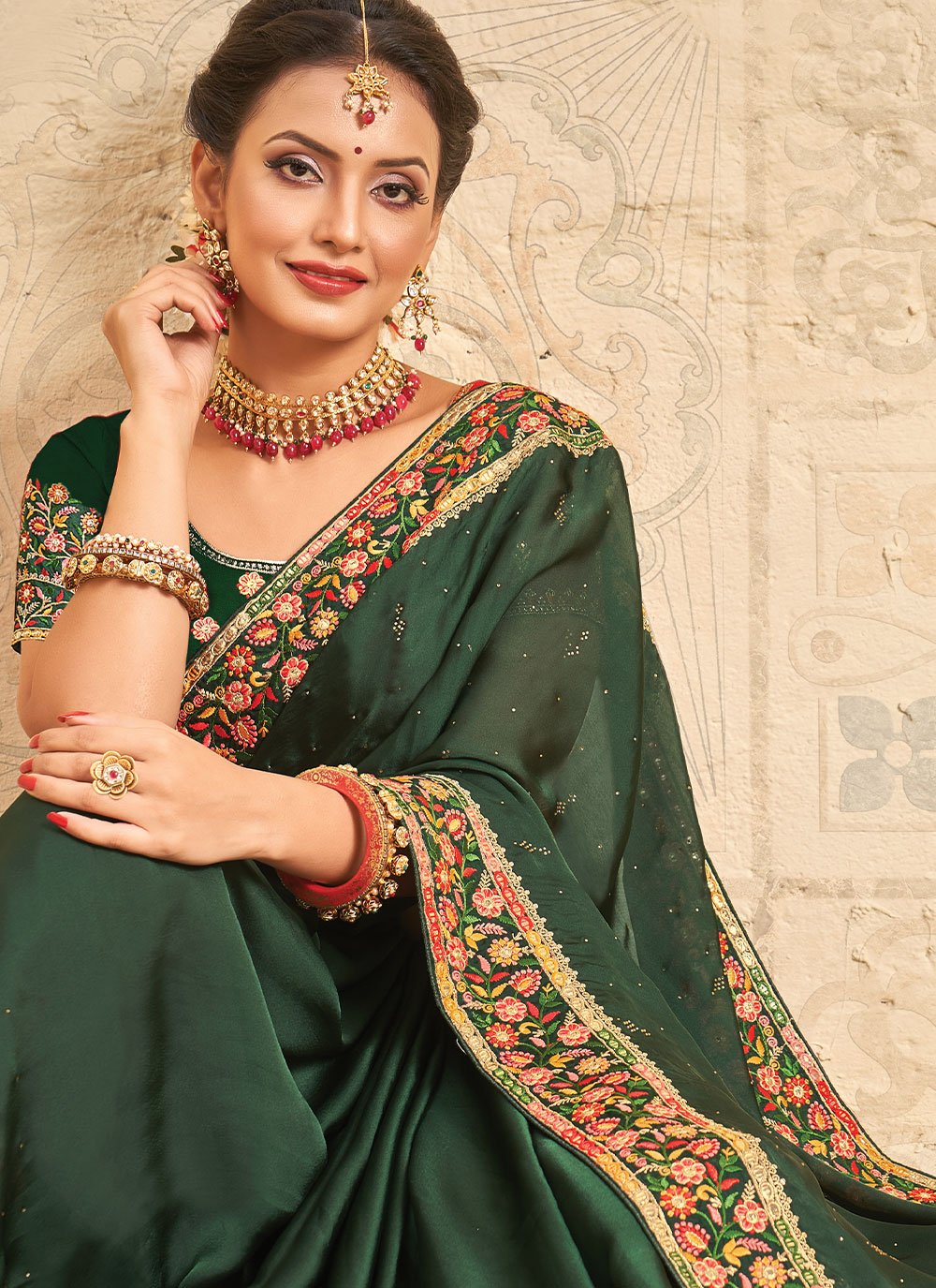 Trendy Saree Satin Silk Green Stone Saree