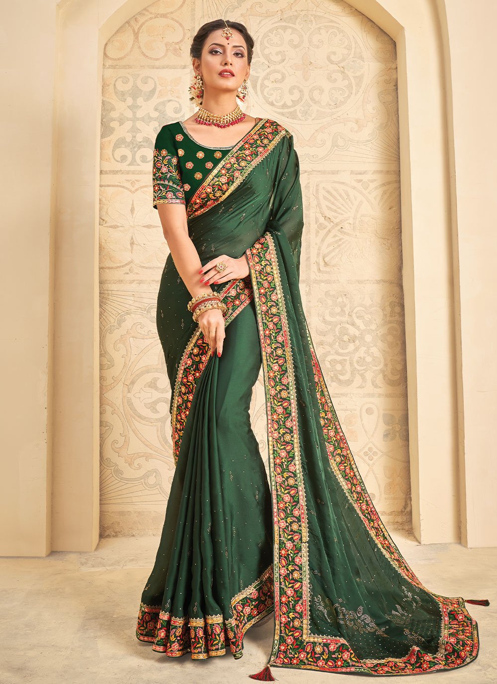 Trendy Saree Satin Silk Green Stone Saree