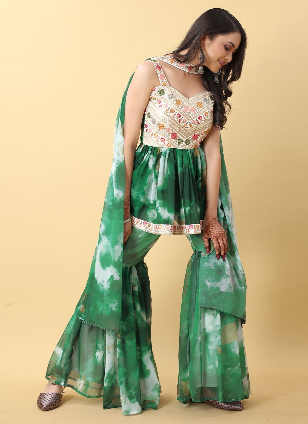 Sharara Set Georgette Green Embroidered Salwar Kameez