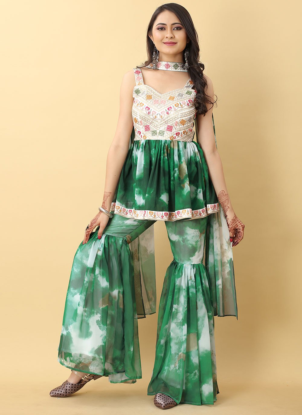 Sharara Set Georgette Green Embroidered Salwar Kameez