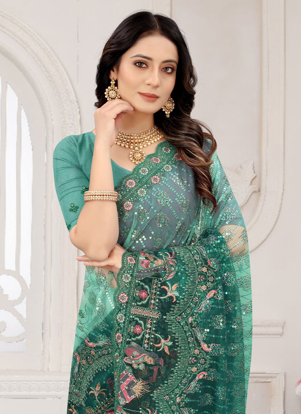 Contemporary Net Green Cord Work Saree