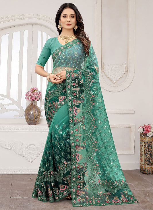 Contemporary Net Green Cord Work Saree