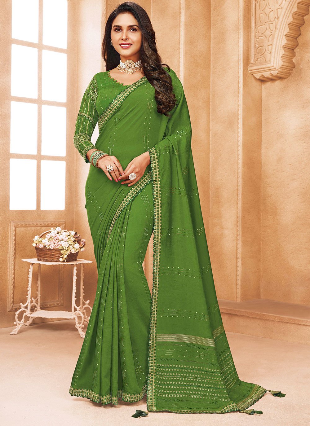 Contemporary Cotton Viscose Green Patch Border Saree