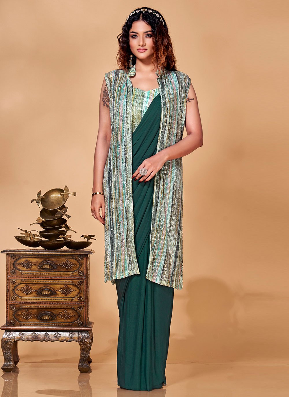 Trendy Saree Net Green Sequins Saree