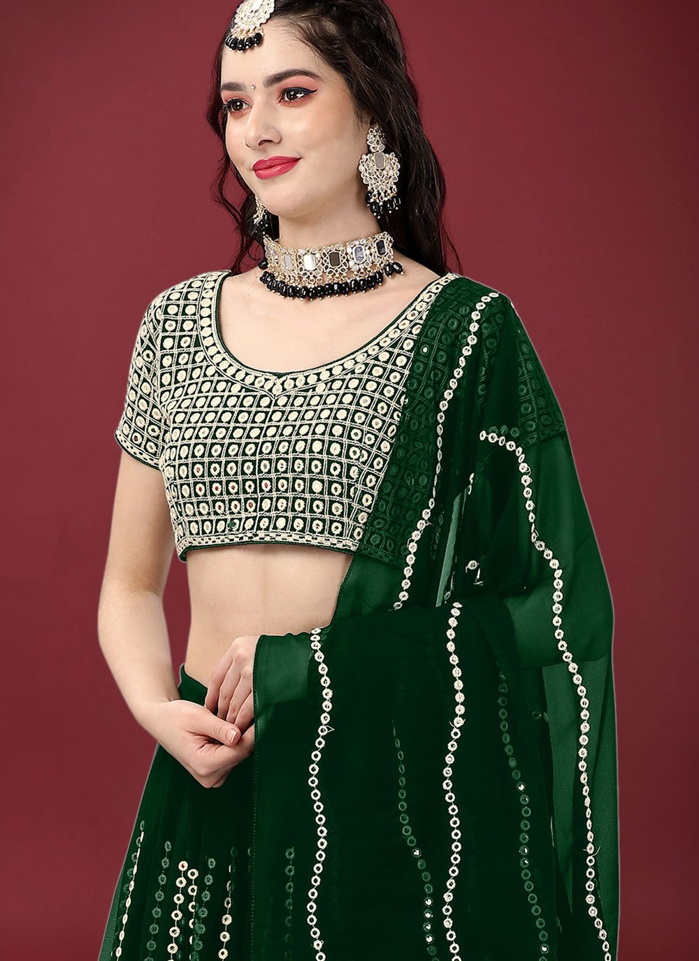 Lehenga Choli Faux Georgette Green Embroidered Lehenga Choli