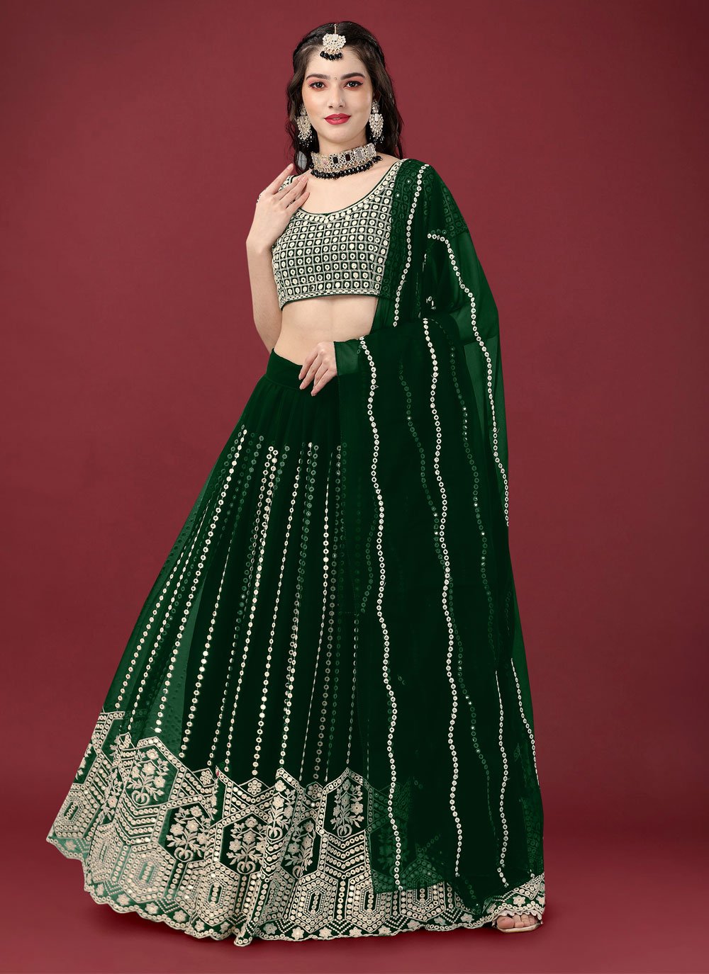 Lehenga Choli Faux Georgette Green Embroidered Lehenga Choli