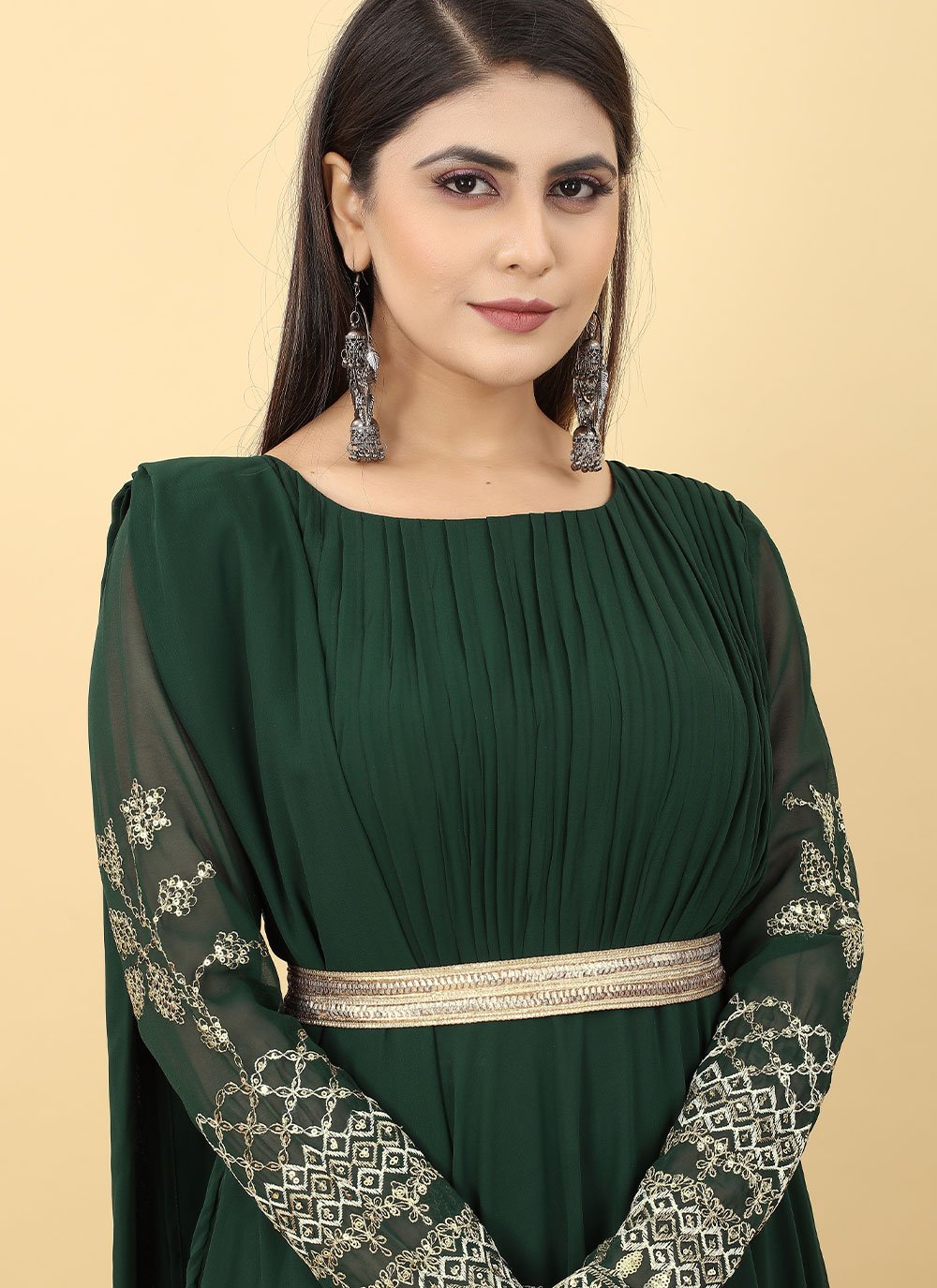 Gown Georgette Green Embroidered Gown