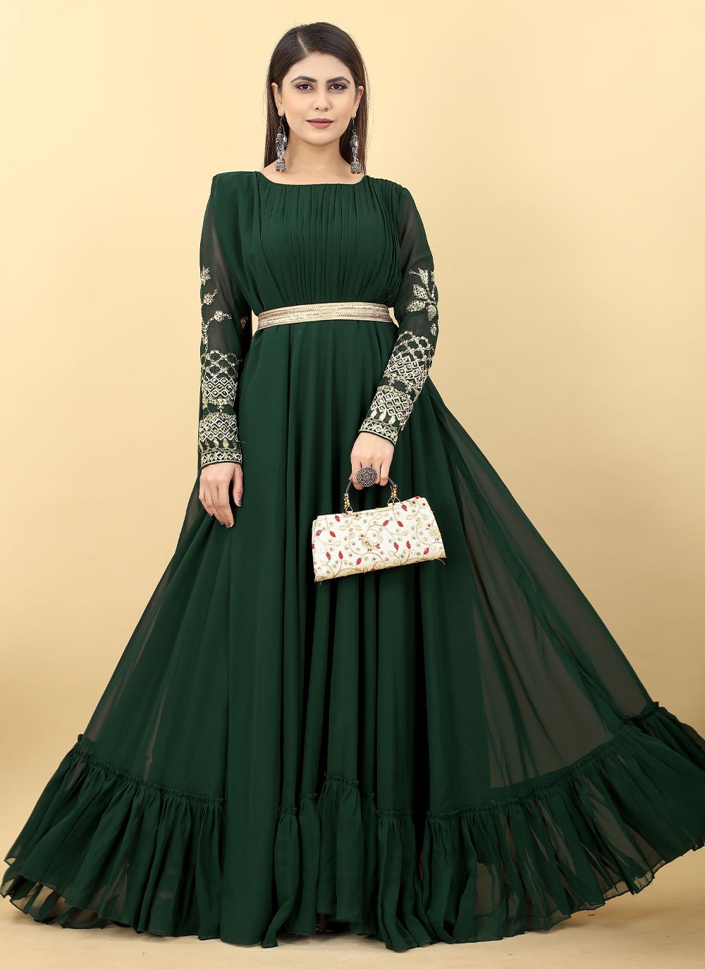 Gown Georgette Green Embroidered Gown