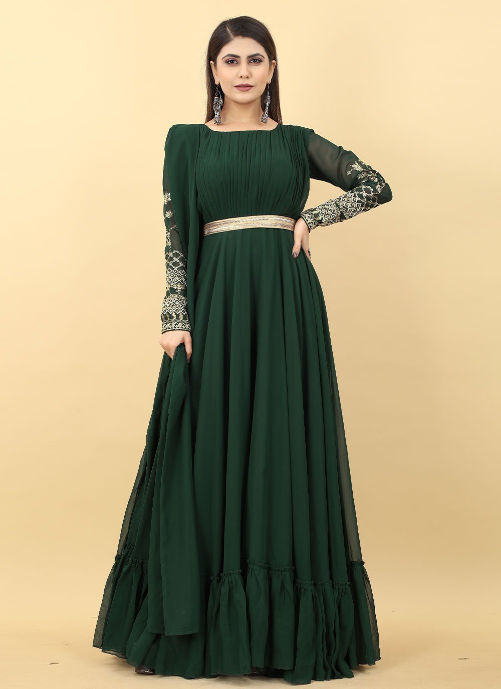 Gown Georgette Green Embroidered Gown