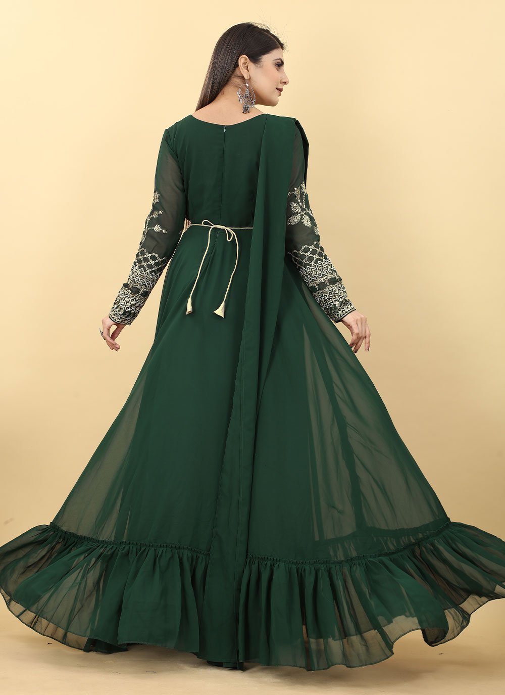 Gown Georgette Green Embroidered Gown