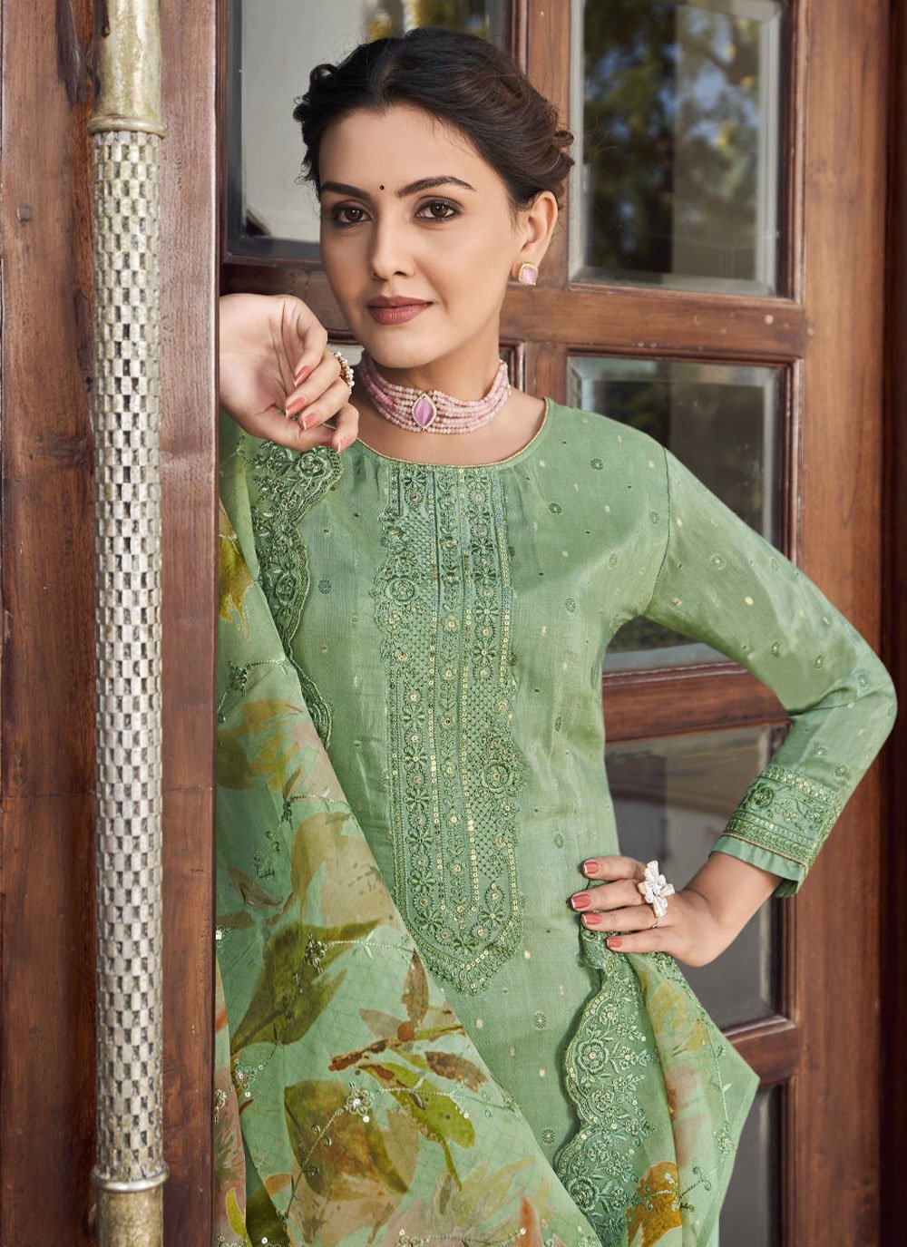 Straight Salwar Suit Georgette Green Embroidered Salwar Kameez