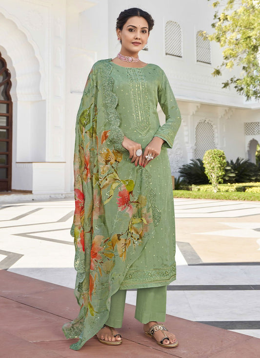 Straight Salwar Suit Georgette Green Embroidered Salwar Kameez