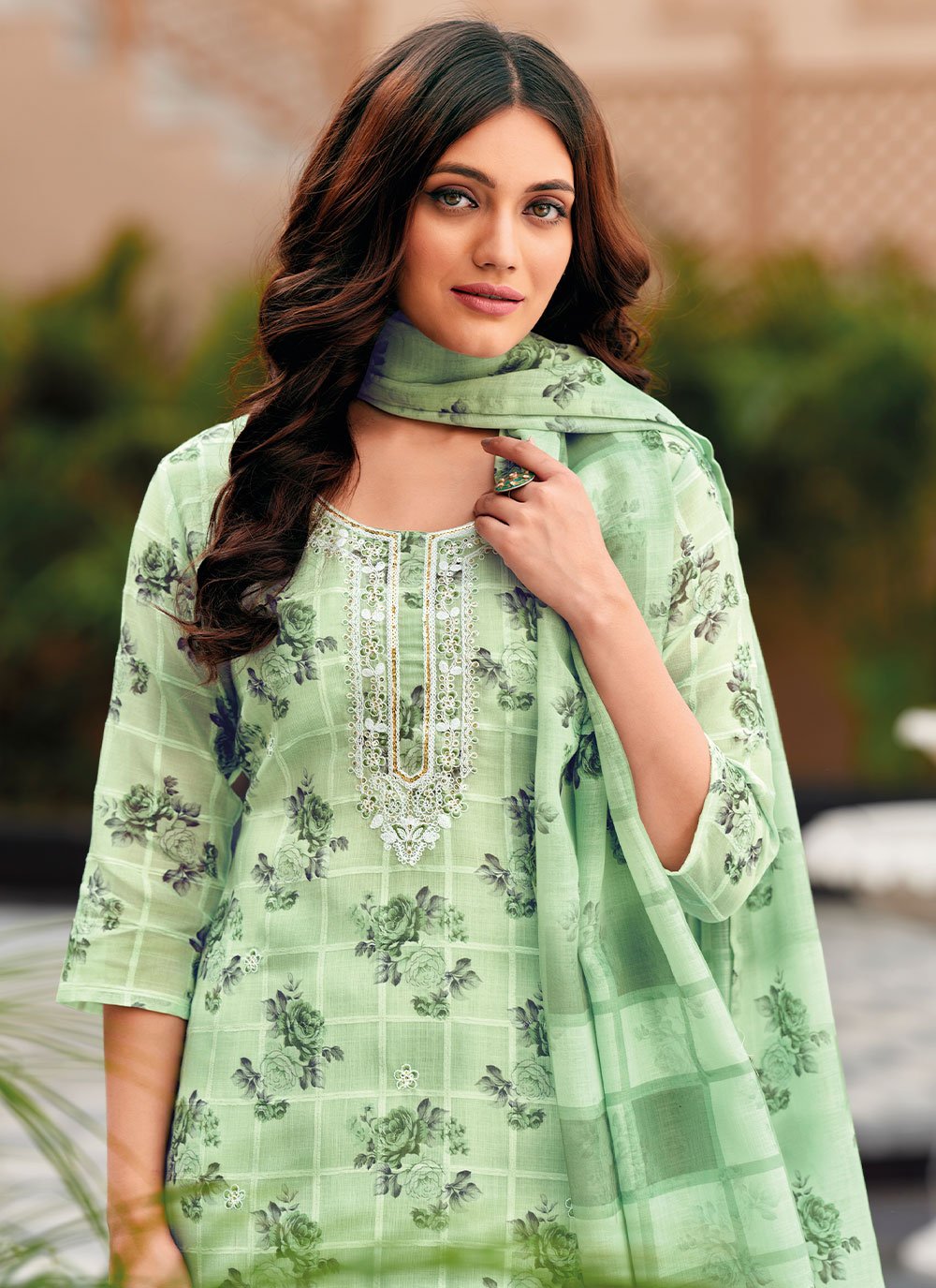 Salwar Suit Linen Green Embroidered Salwar Kameez