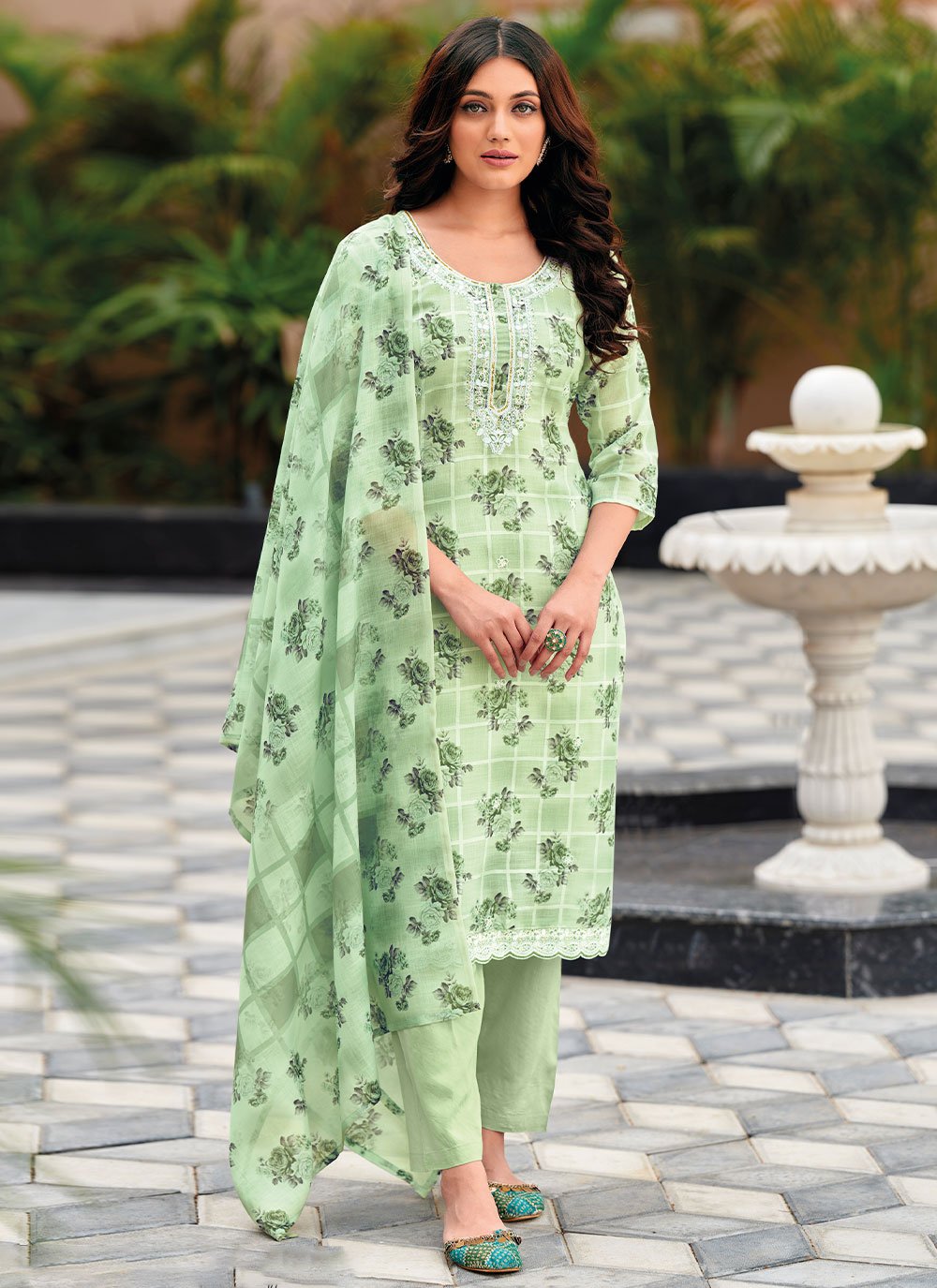 Salwar Suit Linen Green Embroidered Salwar Kameez