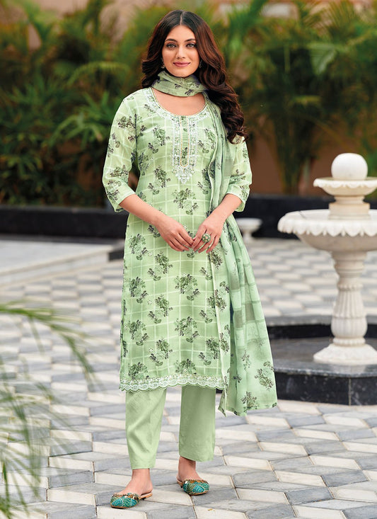 Salwar Suit Linen Green Embroidered Salwar Kameez
