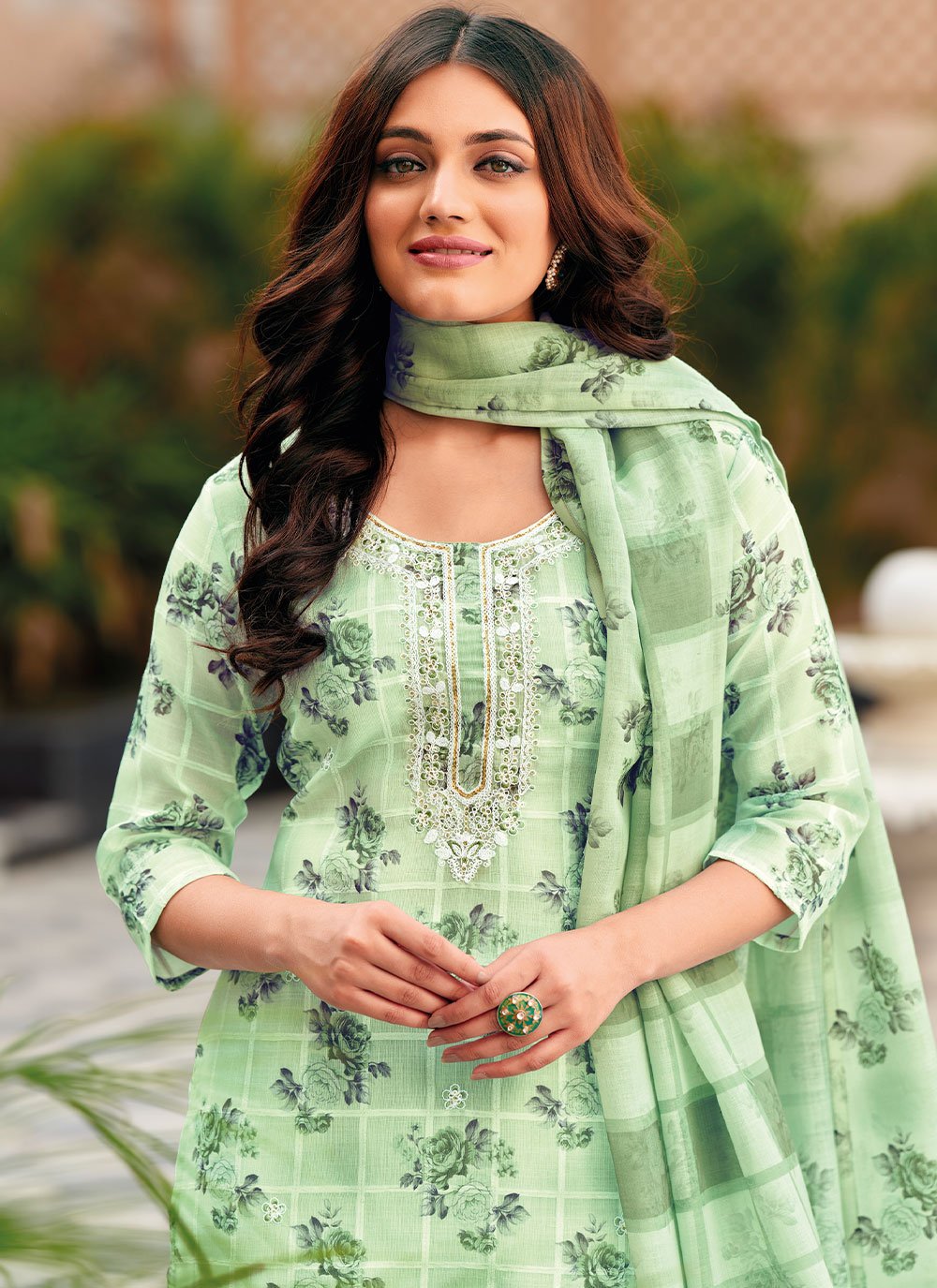 Salwar Suit Linen Green Embroidered Salwar Kameez